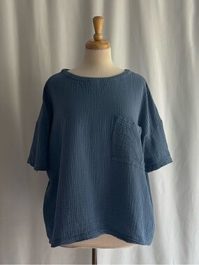 CASLON Muted Blue 100% Cotton Crinkle Boxy Oversized Top L